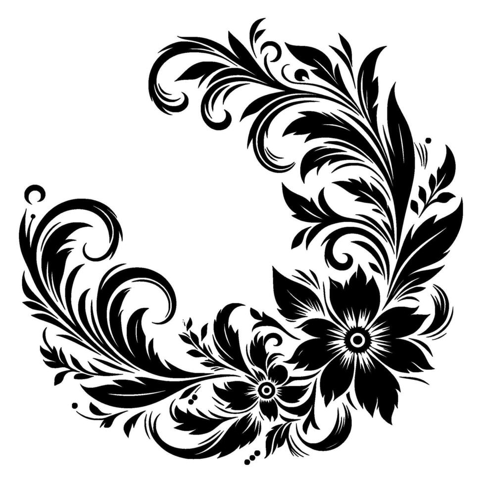 Elegant Black Floral Swirl in a SemiCircular Arrangement on a White Background. vector