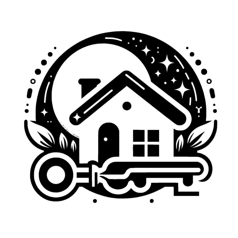 Black and white house illustration featuring a full moon, stars, key, leaves, and circular border, evoking home, night, and nature. vector