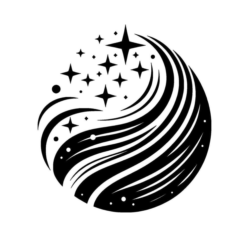 Black and White Stylized Celestial Sphere with Flowing Streamlines and Starbursts, Clean , Isolated on White. vector