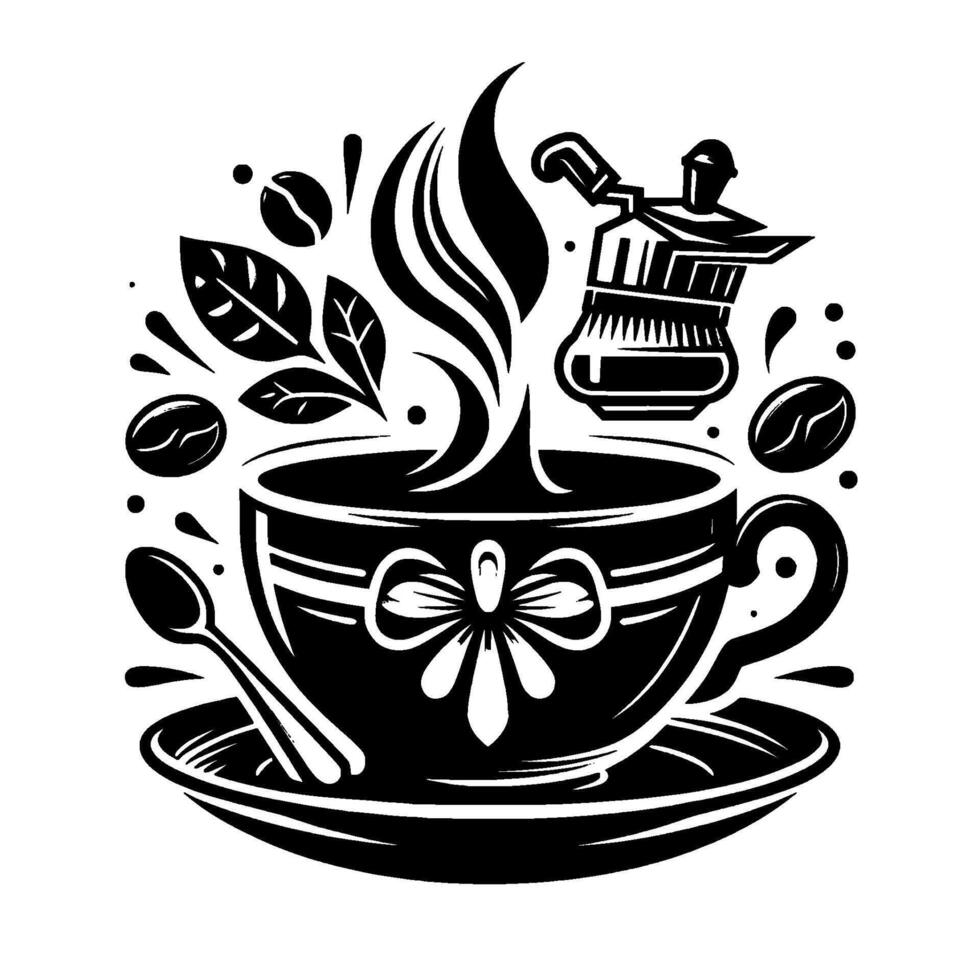 Elegant Black and White Coffee Cup with Steam, Coffee Beans, Leaves, and a Moka Pot on a Saucer, Art. vector