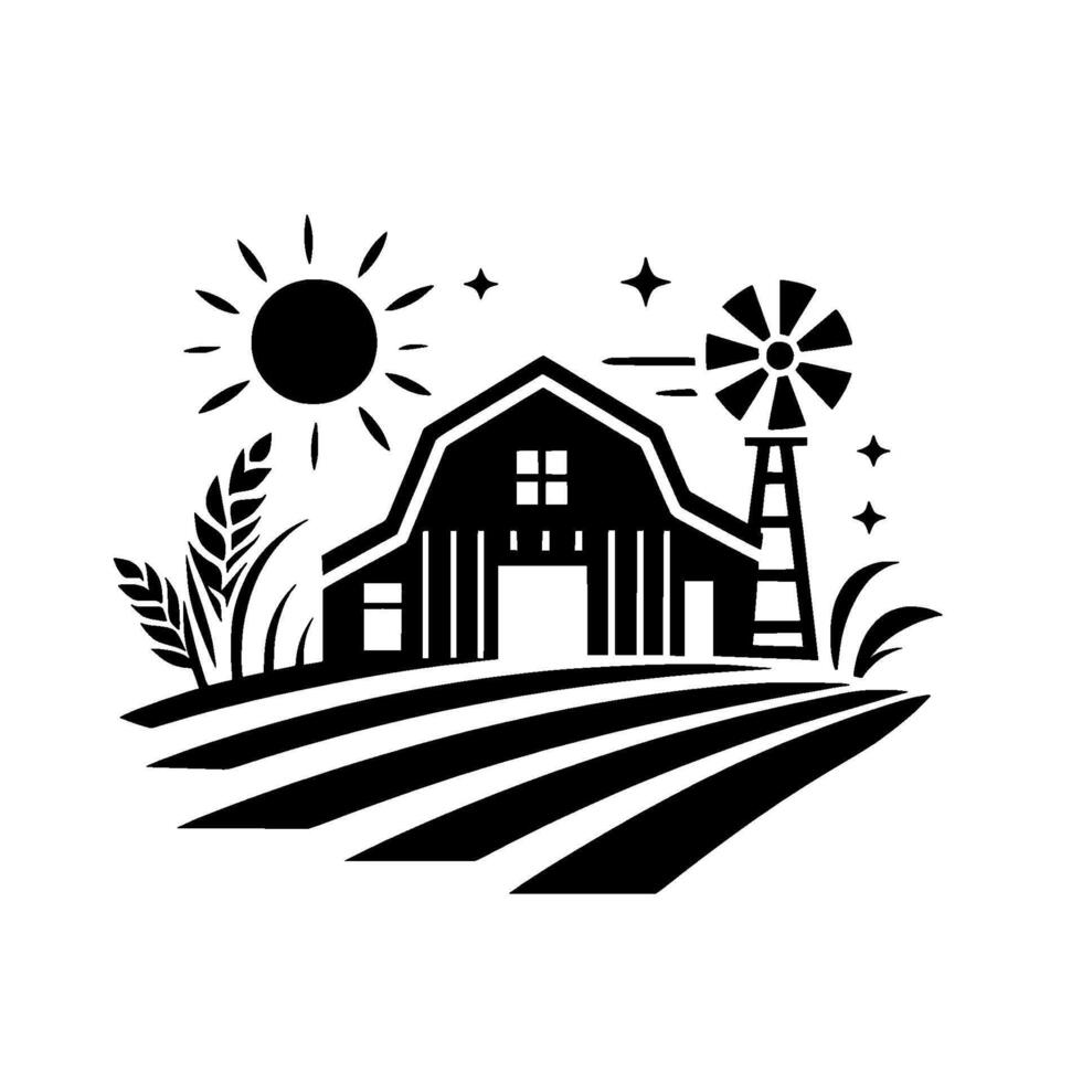 A minimalist black and white illustration of a farm scene including a barn, windmill, sun, stars, and a field on a sunny day. vector