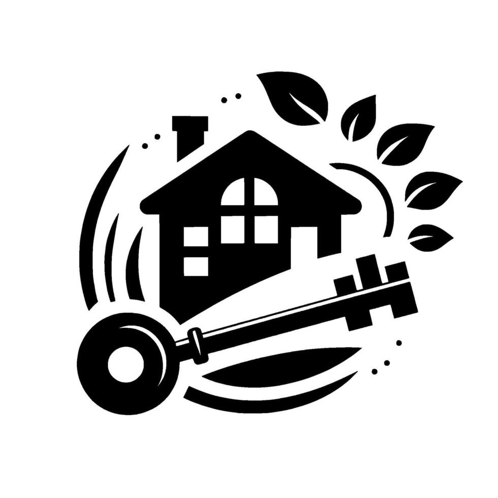 Black and White EcoFriendly Home House Silhouette with Key and Leaves, Real Estate Concept vector