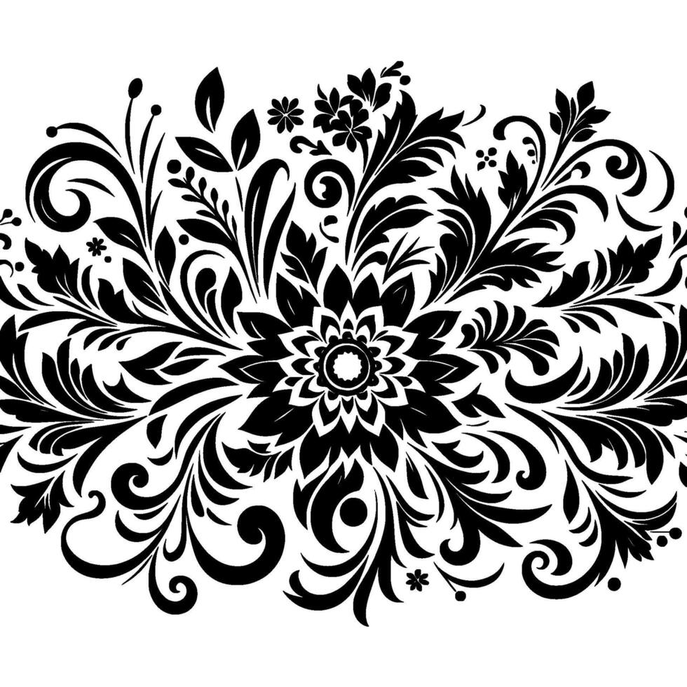 Elegant Black Floral Border with Detailed Swirls, Leaves, and Symmetrical Arrangement on White Backdrop. vector
