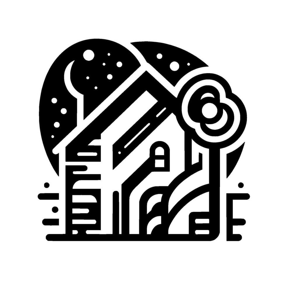 Minimalist black and white illustration a cozy house silhouette under a crescent moon and starry night, with a tree. vector