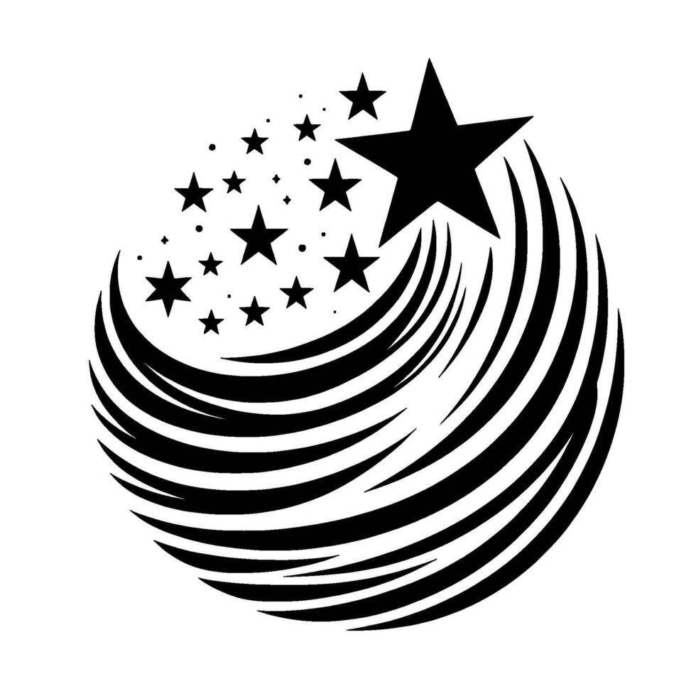 Stylized Black and White Starburst Cascading Stars and Swirling Lines Create a Dynamic, Celestial Composition, Suggesting Motion and Energy. vector