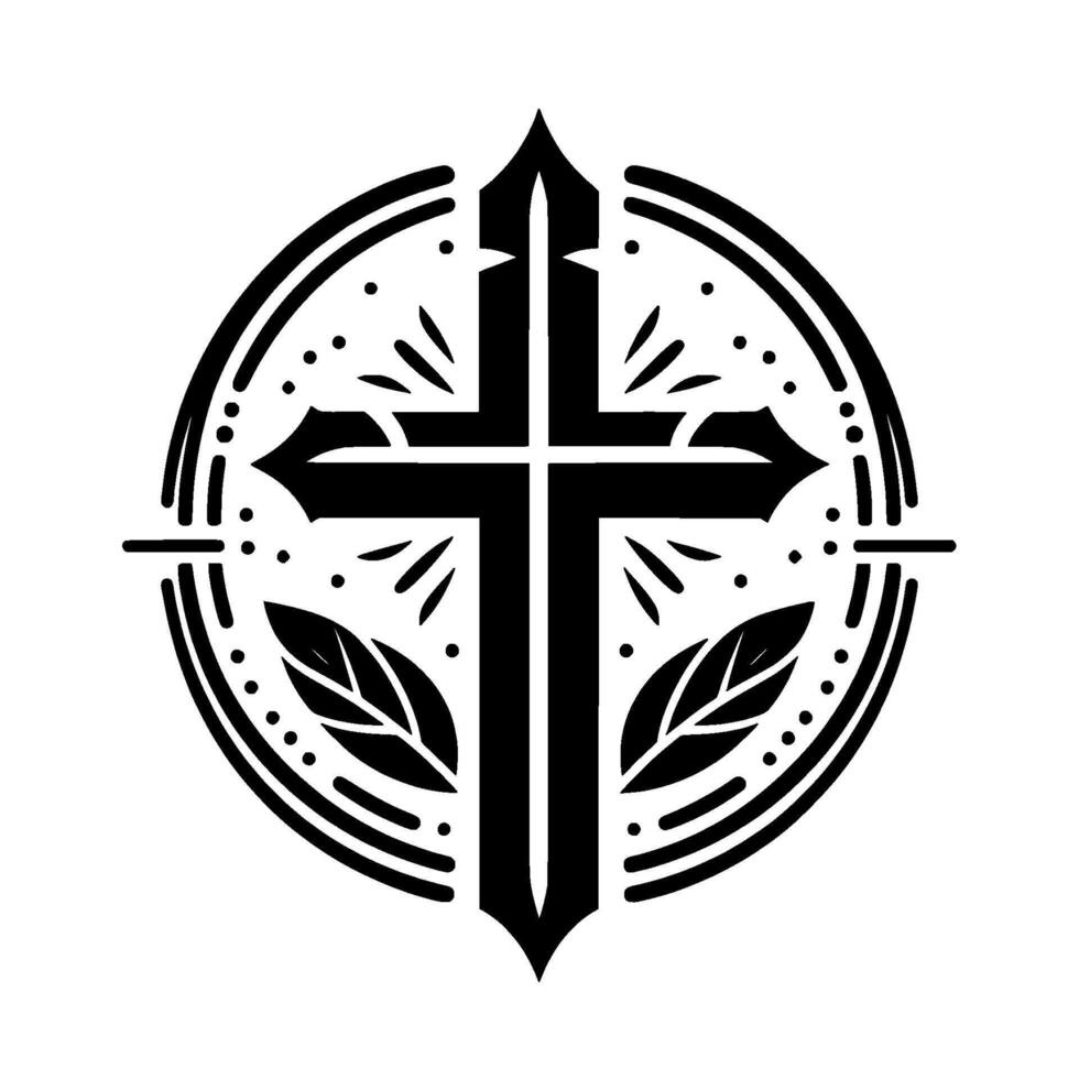 Ornate Black Cross Emblem Within a Circle, Featuring Decorative Leaves and Burst Symbols on White Background. vector