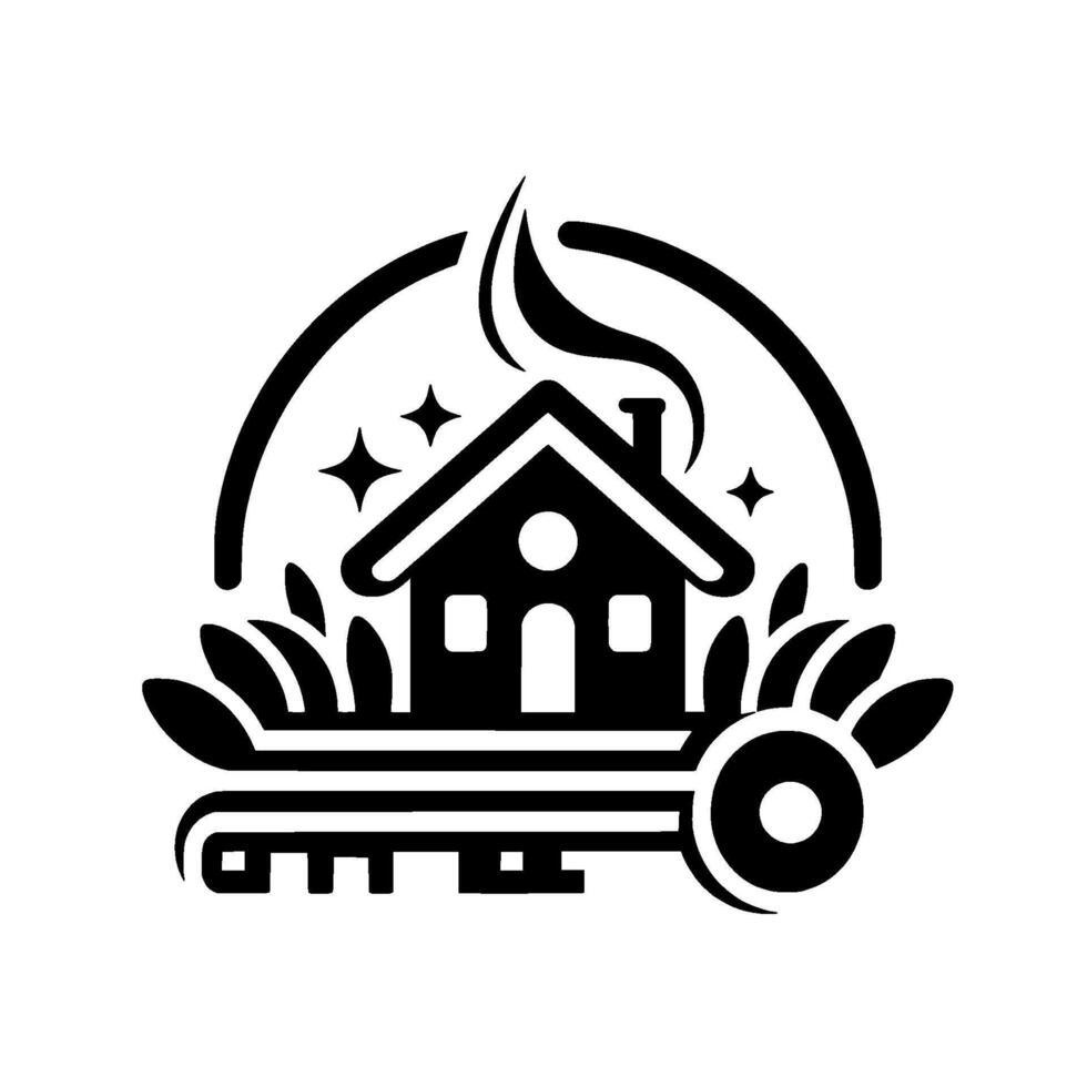 Symbolic Black White of a House with Key, Leaves, Smoke Stars, Evoking Home, Security, and a Welcoming Atmosphere. vector