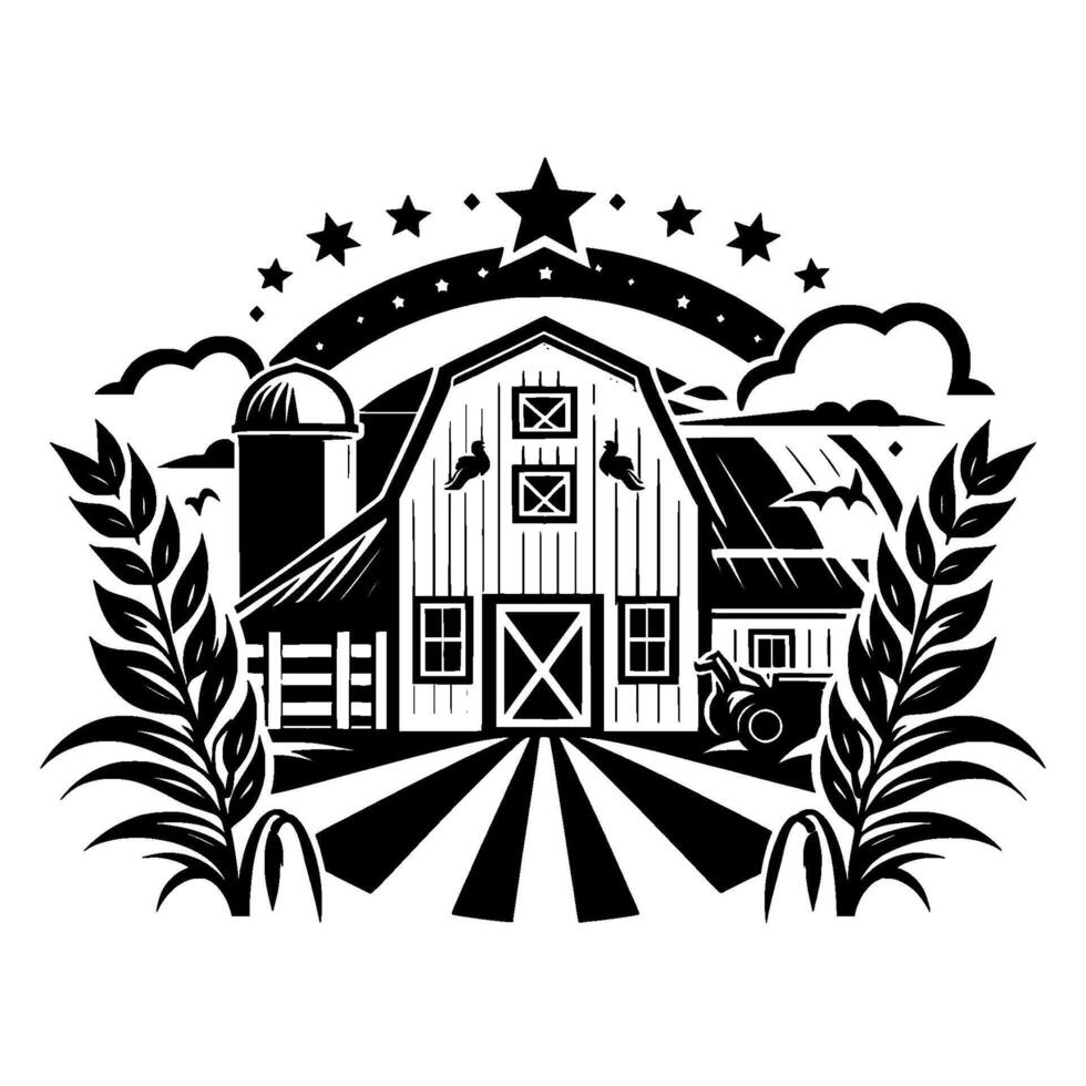 Vintage Barn Scene Black and white illustration of a farmhouse with tractor, silo, wheat, birds, and stars, conveying pastoral and nostalgic charm. vector