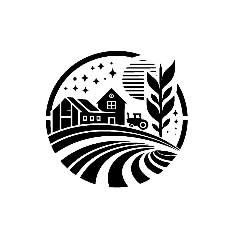 Circular minimalist depicting a rural landscape with farmhouse, barn, tractor, stylized field rows, night sky, and harvest element. vector