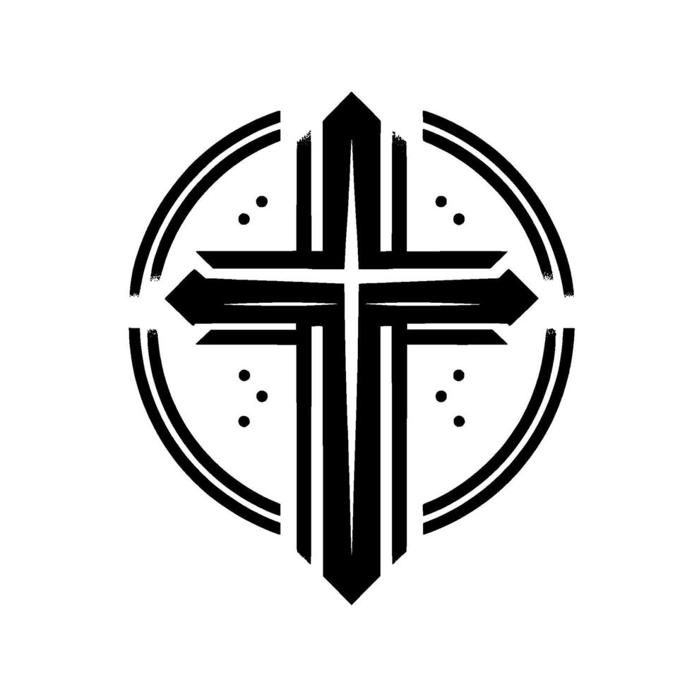 Bold Black Geometric Cross Within a DoubleRing Circle with Dot Accents on White Background, Abstract Religious Symbol. vector