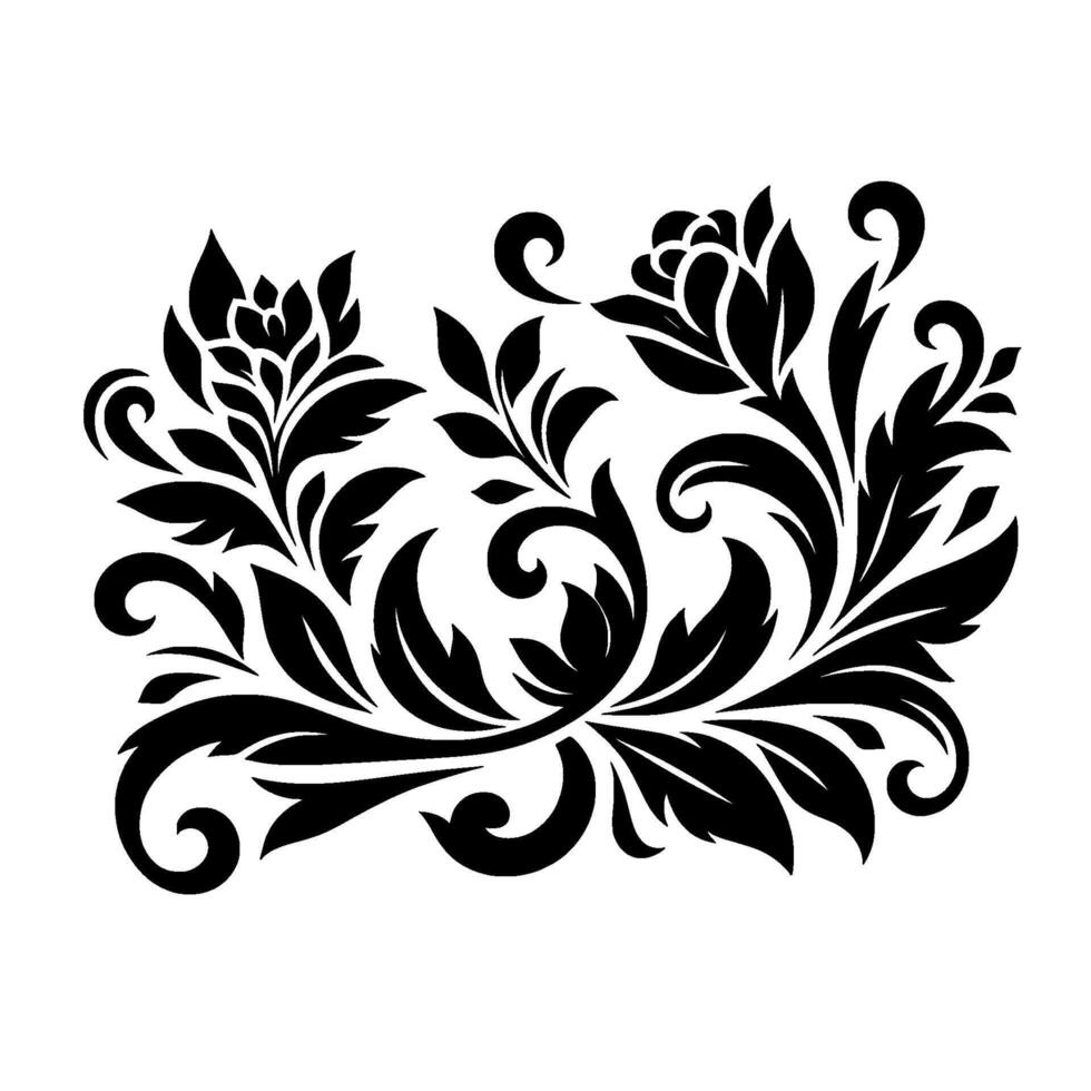 A symmetrical, detailed floral ornament in solid black against a clean white backdrop, featuring intricate swirls, leaves, and stylized blossoms. vector