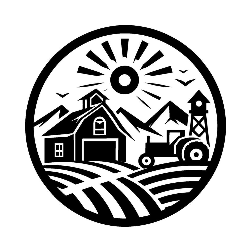 Circular Black and White Farm Scene Barn, Tractor, Mountains, Sunburst, and Water Tower . vector