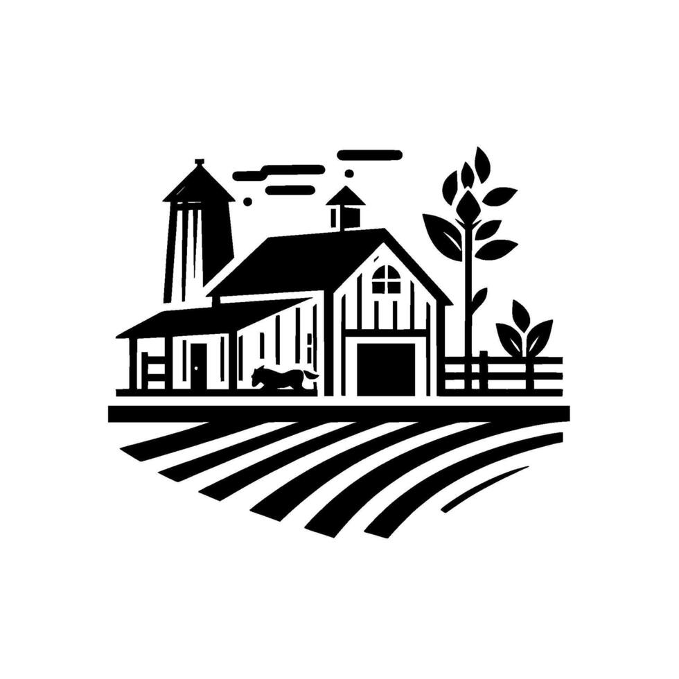 Monochrome illustration Farm scene with barn, silo, field, tree, fence, horse, and modern art . vector