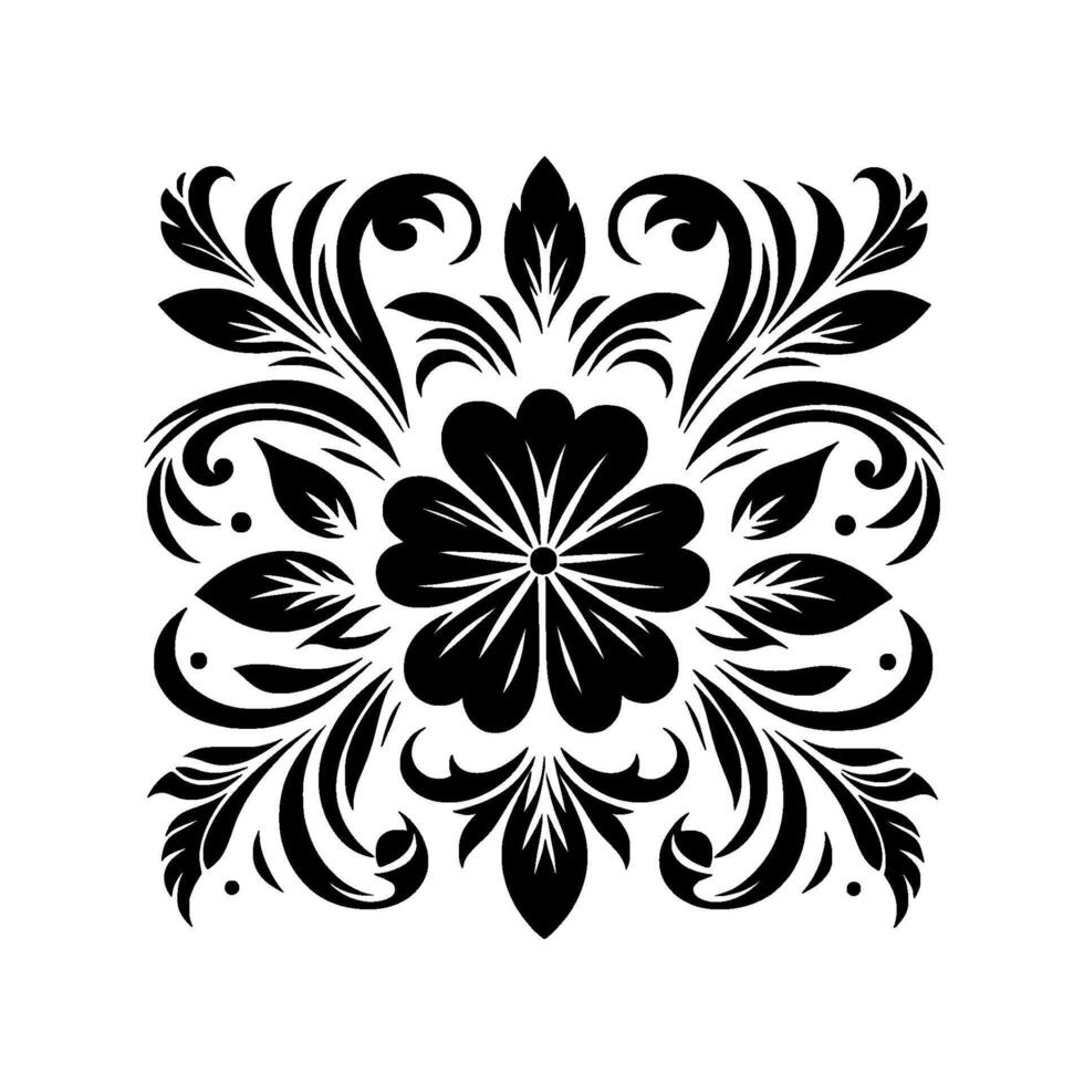 Symmetrical Floral Ornament in Black and White Featuring a Central Flower, Leaves, and Spiraling Vines on a Square Background. vector