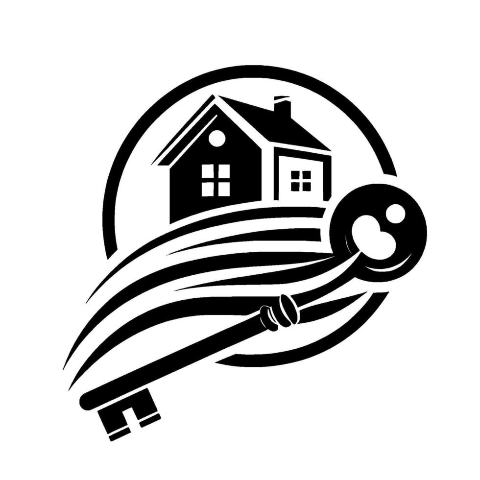 Black and white of a house with a key, symbolizing home ownership and security, within a stylized circle. The keys head features a smiley face. vector