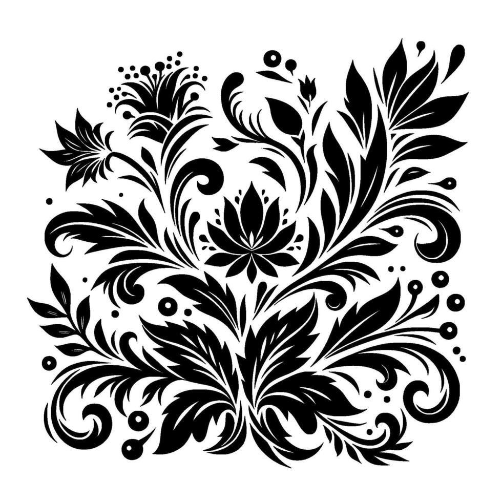 Intricate black and white symmetrical floral , featuring stylized leaves, blossoms, and decorative swirls on a clean white backdrop. vector