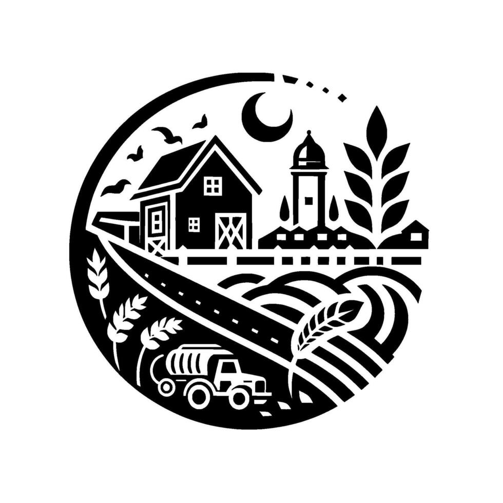 Rural Farming Scene in a Circular Frame Barn, Crops, Silo, Moon, and Tanker Truck, Black and White Silhouette. vector