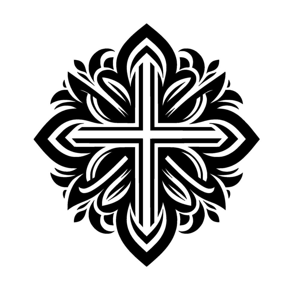 Intricate Black and White Ornate Cross with Floral Motif, Isolated on White, Symbol of Faith and Spirituality. vector