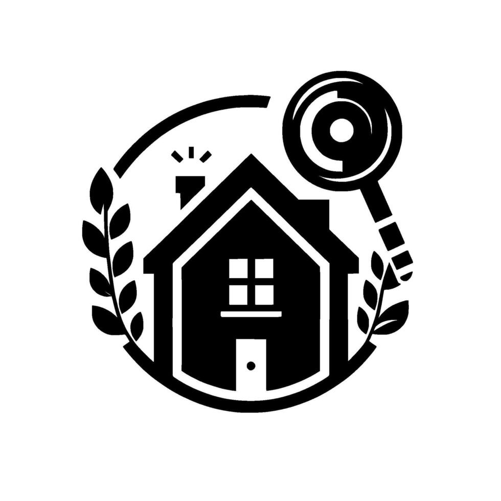 Black and White Real Estate House with chimney, magnifying glass, laurel wreath, symbolizing home search and property. vector