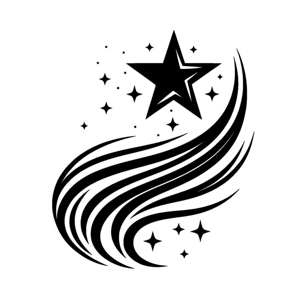 Stylized Black Starburst on White with Streamlines and Small Star Accents, Modern Illustration. vector
