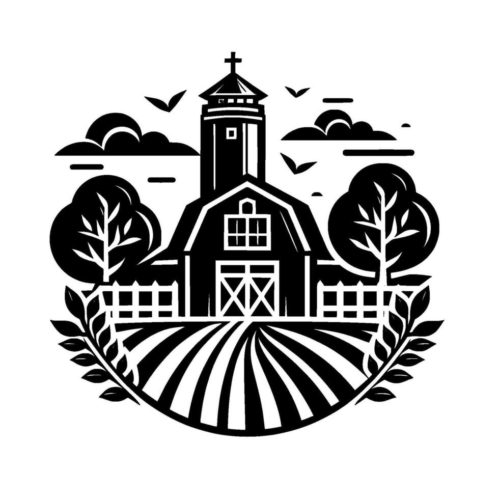 A minimalist black and white farm scene featuring a barn with a crosstopped tower, surrounded by trees, a field, and decorative elements. vector