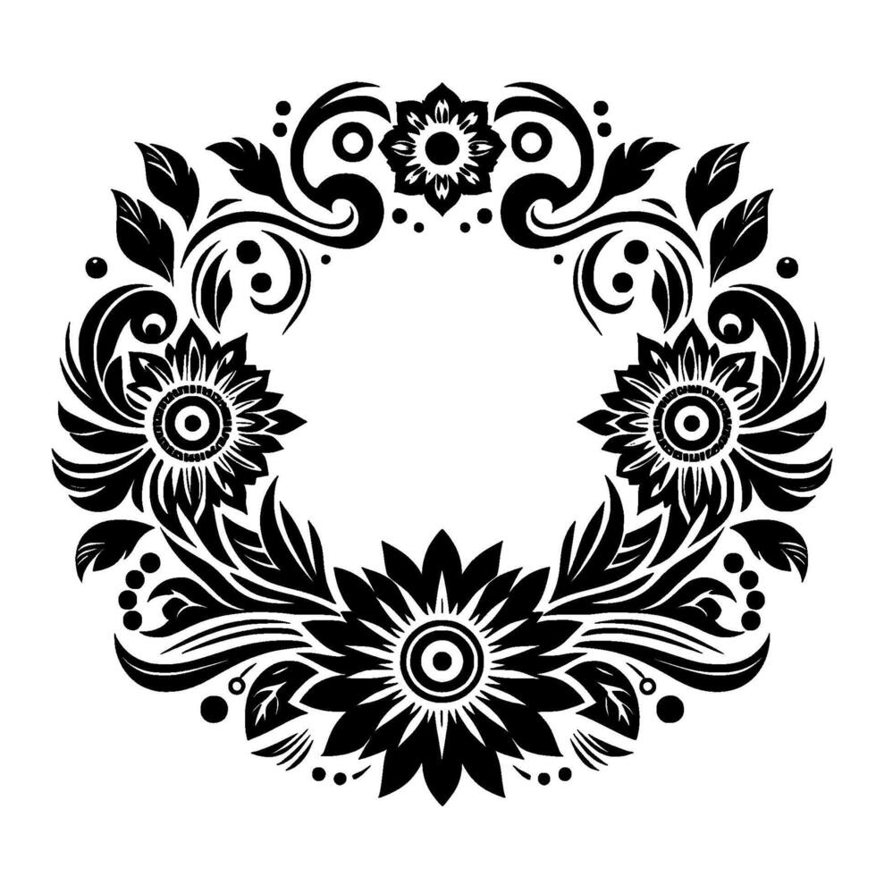 Black and White Floral Wreath Detailed Circular Pattern with Sunflowers, Leaves, Swirls, and Ornate Elements. vector