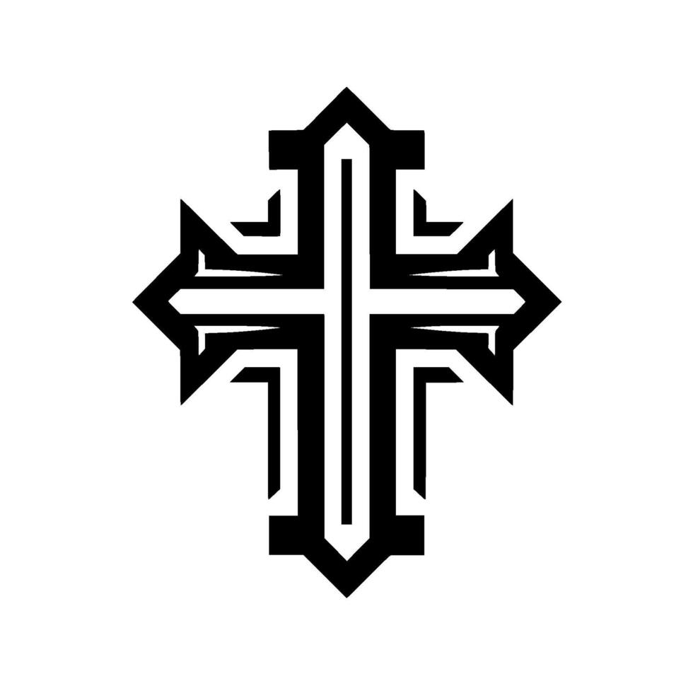 Geometric Black Cross on White Background, Featuring Sharp Angles and Clean Lines, Symbol of Faith and Minimalism. vector