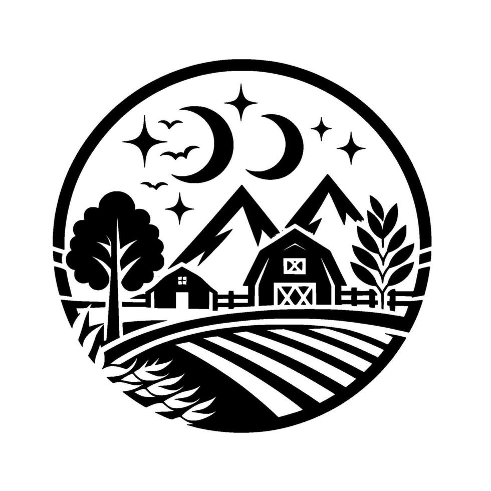 A stylized, circular, monochromatic illustration featuring a farm scene under a night sky with mountains, stars, and crescents. vector