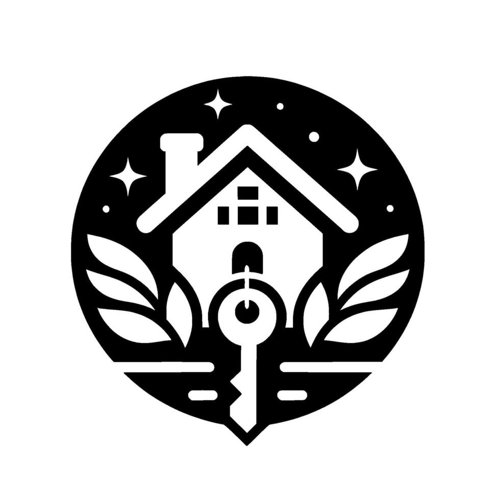 A minimalist black and white emblem featuring a house, key, leaves, and stars, suggesting home, security, and nature. vector