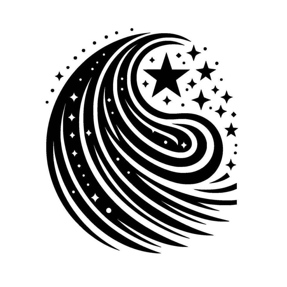 Black and white starburst with swirling lines, and varying sizes of stars and dots, creating a celestial art form on a white background. vector