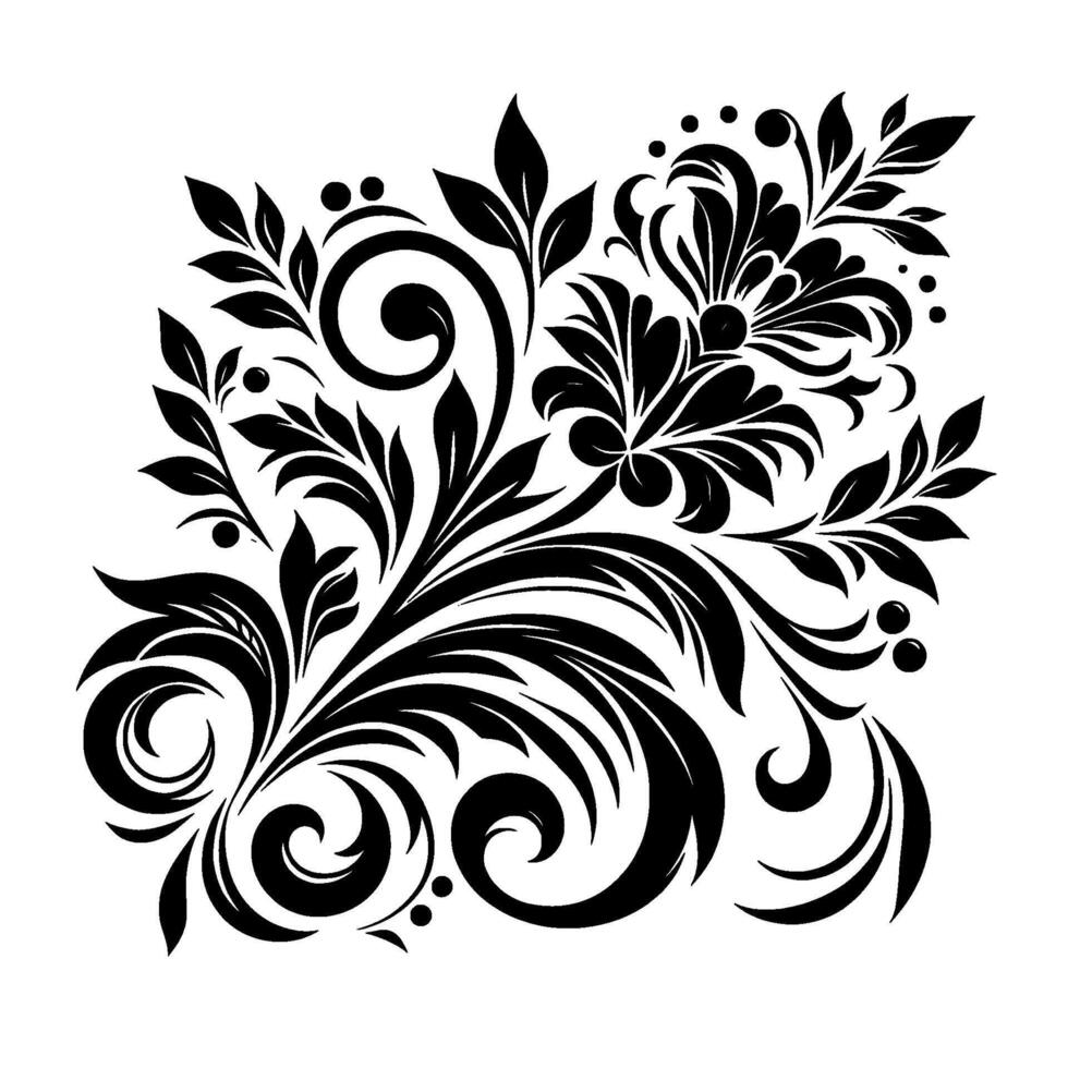 Intricate Black Floral on White A Symmetrical Illustration of Swirls, Leaves, and Dots, Emphasizing Elegance and Simplicity. vector