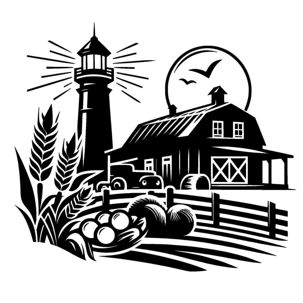 Black and White Farm Scene Lighthouse, Barn, Field, Crops, Tractor, Sun, and Birds in a Illustration Style. vector