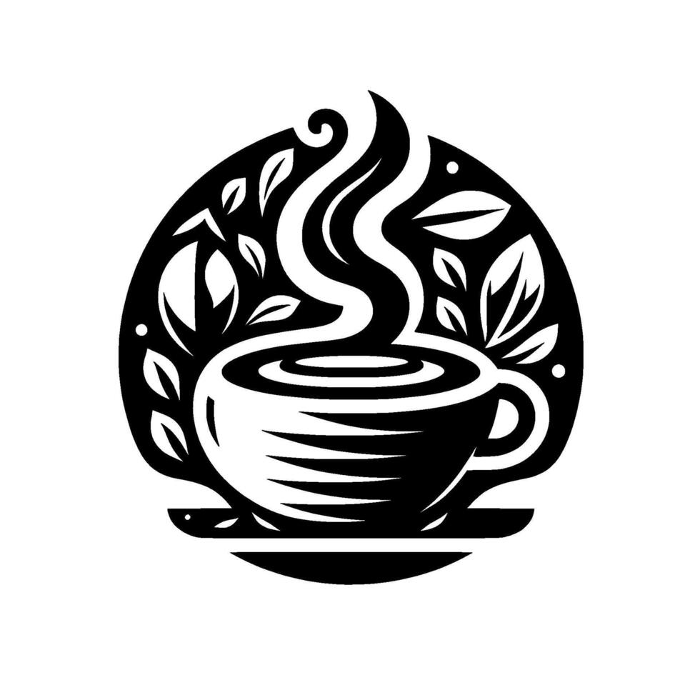 Minimalist black and white illustration of a steaming teacup surrounded by leaves and a stylized steam element, on a saucer, within a circular frame. vector