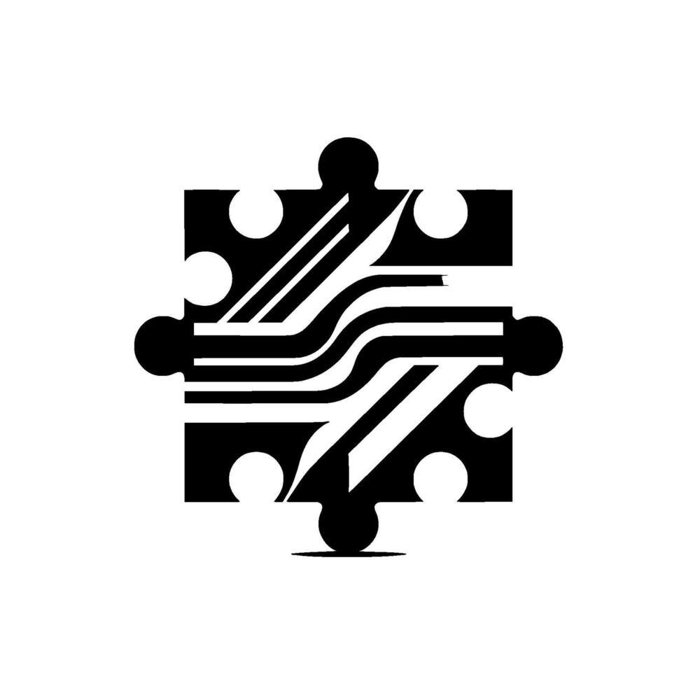 Minimalist black and white puzzle piece with a wavy, striped pattern inside and circles on the border. vector