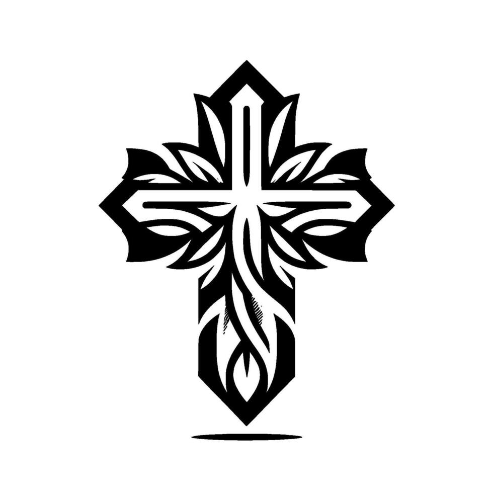Ornate Black White Cross with Flowing Leaf and Intricate Details on a Clean White Background. vector