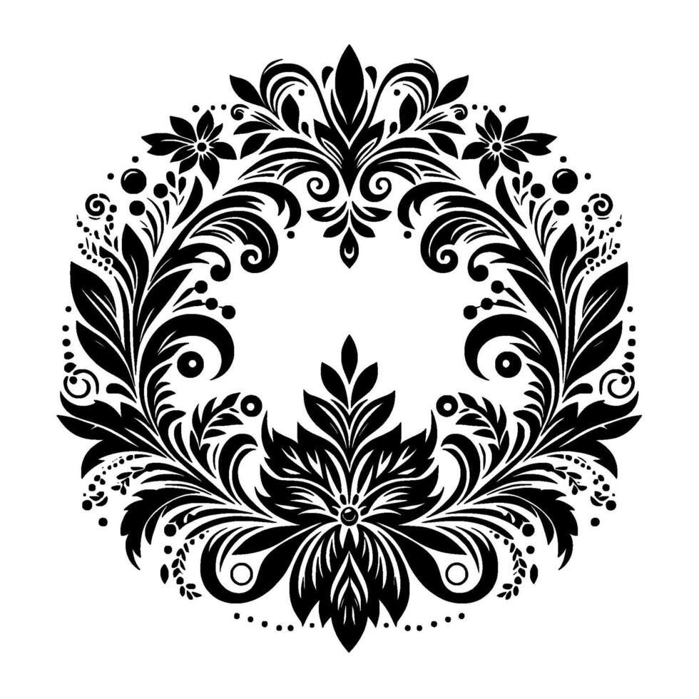 Symmetrical Black Floral Wreath with Detailed Leaves, Flowers, and Swirls on a White Backdrop. vector