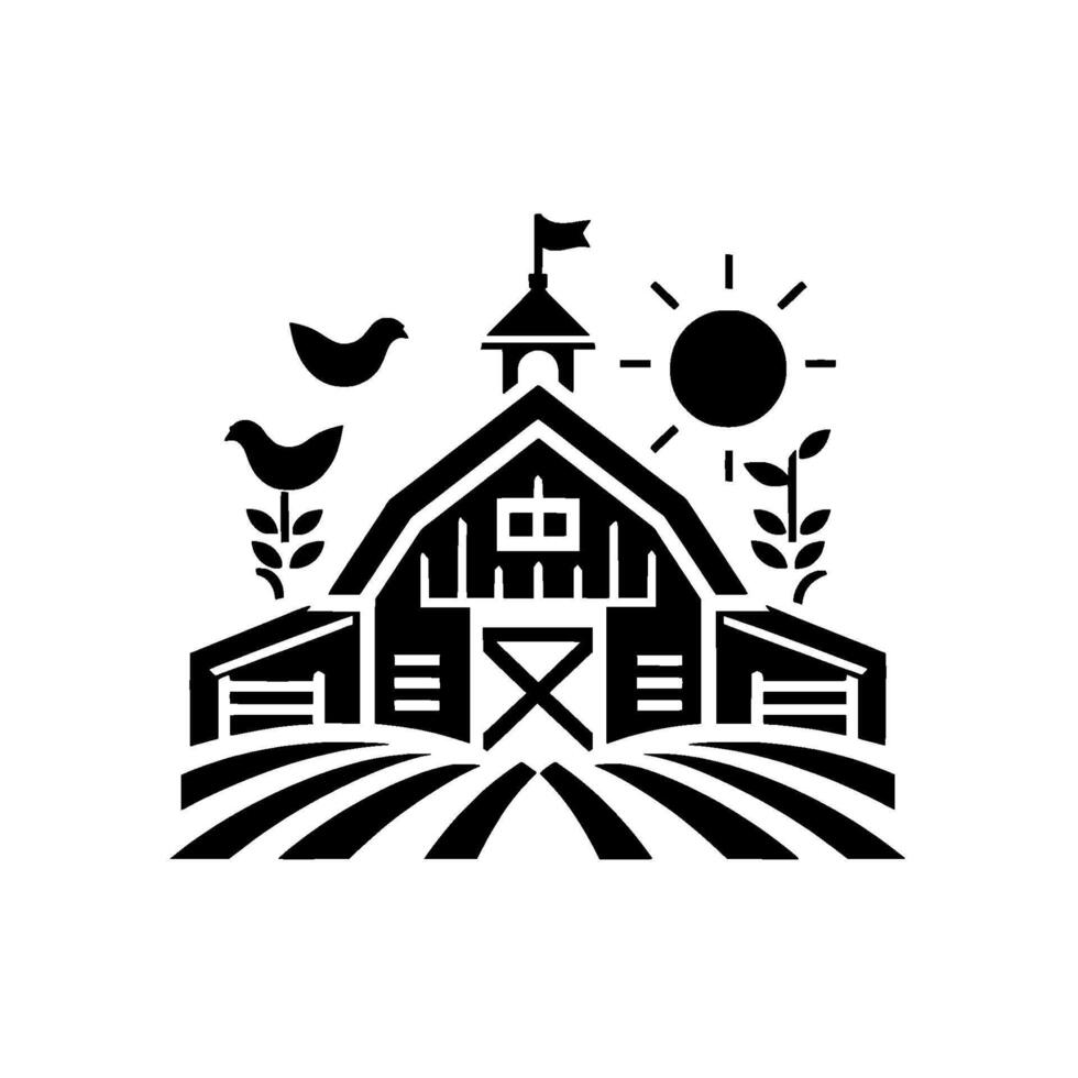 Black and white illustration of a classic farm scene featuring a barn, sun, birds, and fields, radiating a sense of rural charm. vector