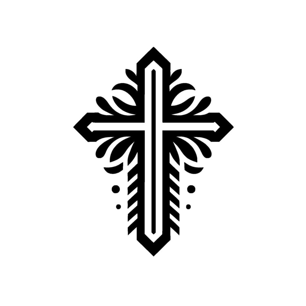 Black ornate cross , symmetrical with stylized floral elements and intricate geometric details, set against a white backdrop. vector