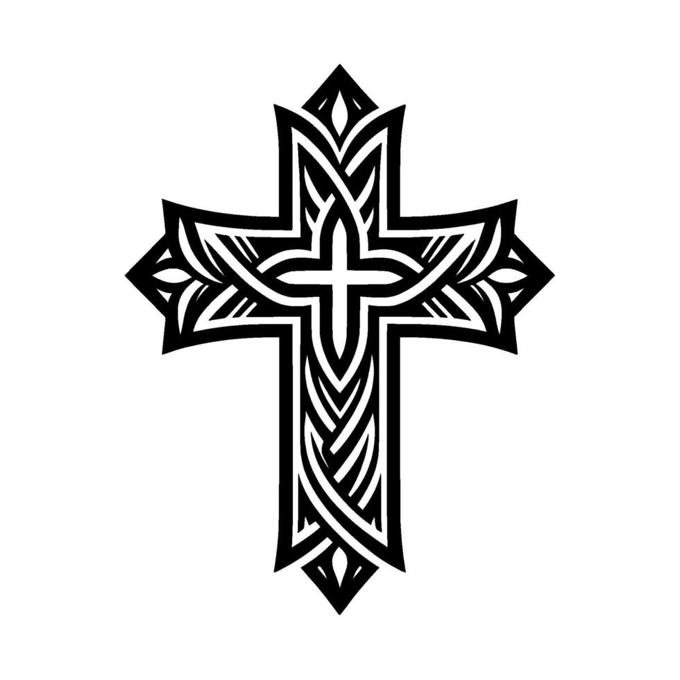 Ornate Black and White Cross with Intricate Floral and Geometric Patterns on White Background. Symbolic of Faith. vector