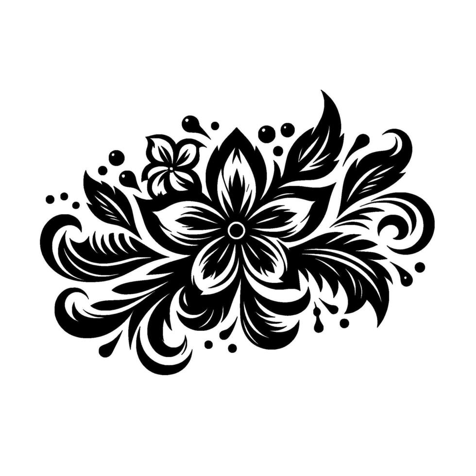 Ornate Black and White Floral Motif Elegant Blossom Composition with Petals, Leaves, and Curlicues on a White Backdrop. vector