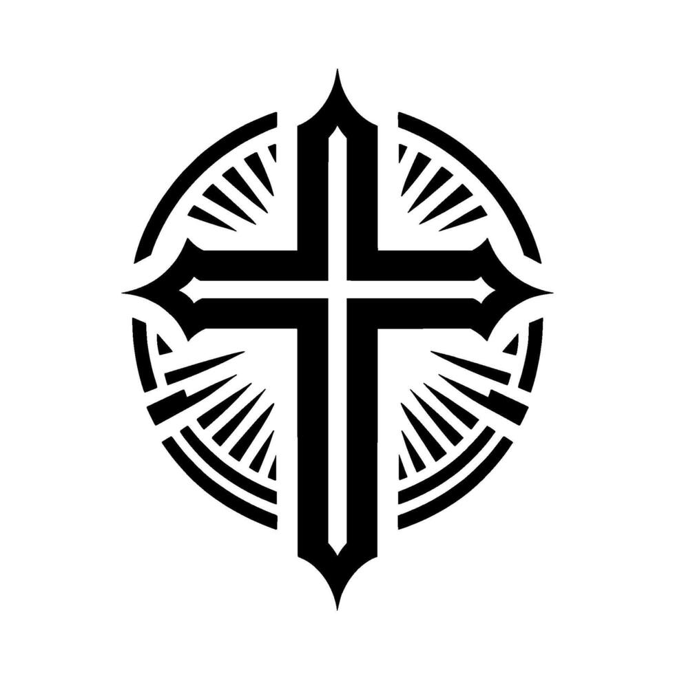 Stylized Black Cross Emblem with Radial Burst , Geometric Lines, Christian Symbol, and Circular Frame on White. vector