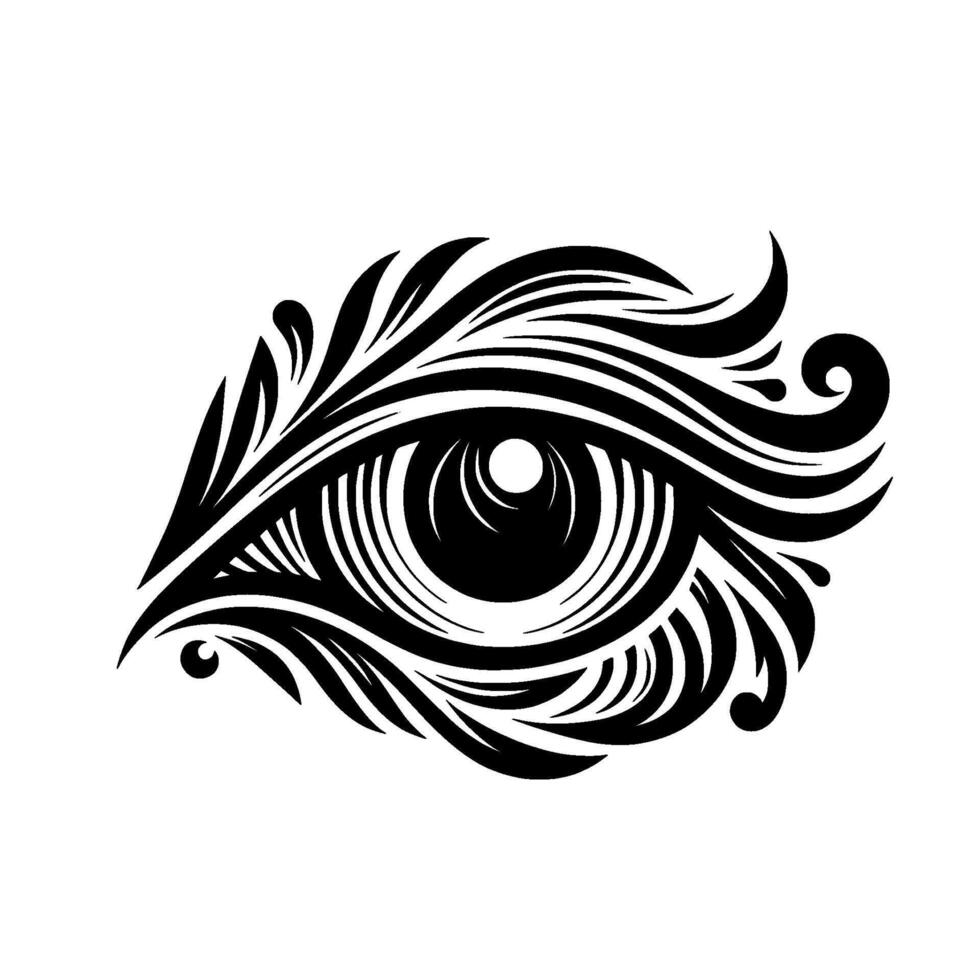 Ornate Black and White Eye A stylized, symmetrical illustration of a watchful eye embellished with swirling floral patterns. vector