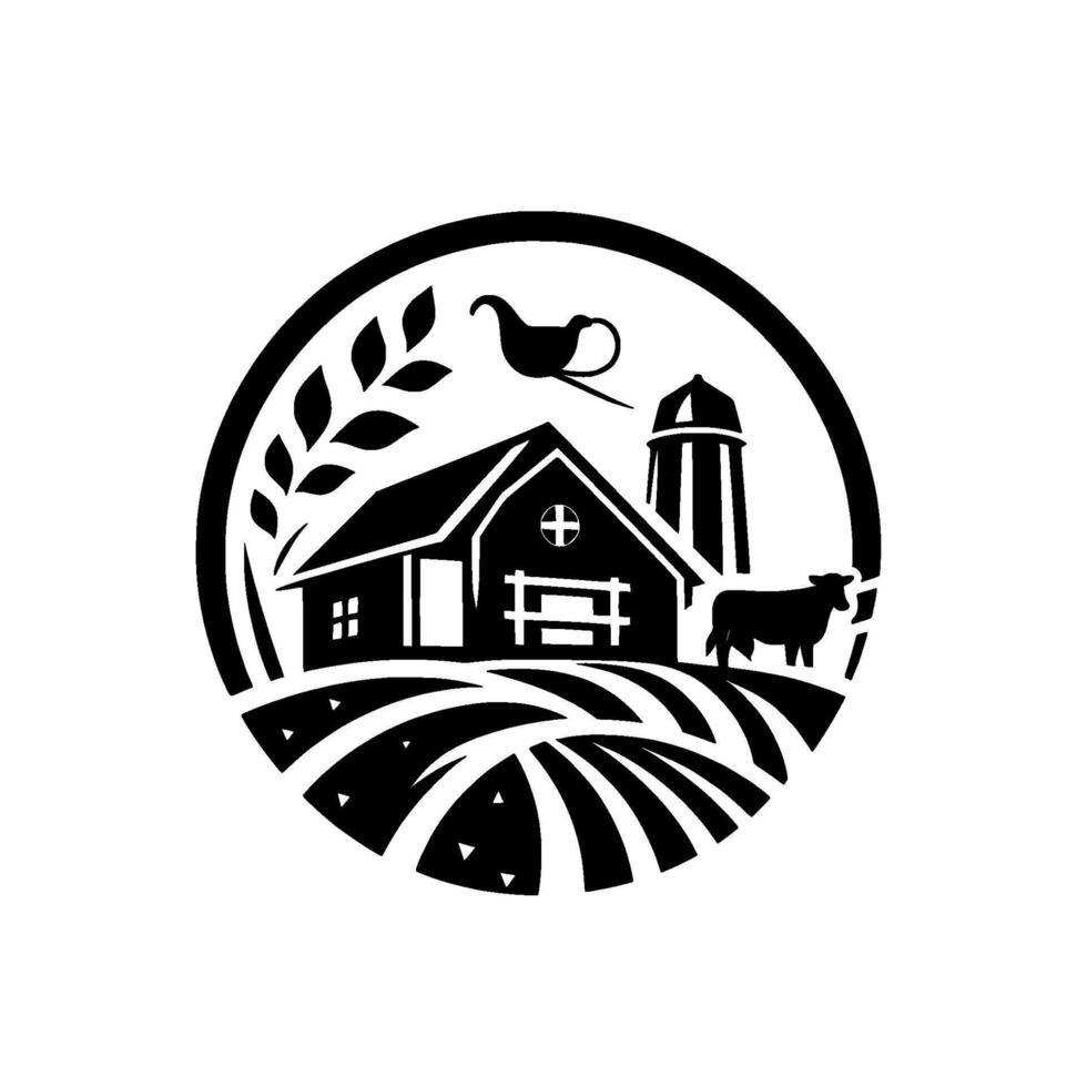 illustration of a circular black and white farm scene barn, silo, cow, fields, wheat, and bird, showcasing rural life. vector