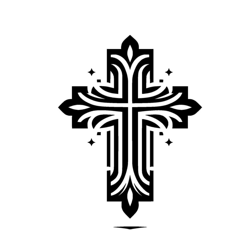 Ornate Black Christian Cross on White Background, Detailed Lines, Floral Accents, Symmetry, Faith Symbol, Elegant, Geometric, Religious . vector