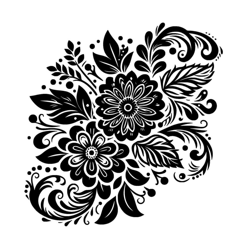 Elegant Monochrome Floral Arrangement Black and White Decorative with Flowers, Leaves, and Swirls vector