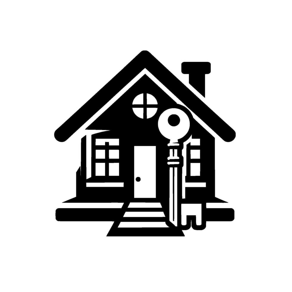 Black and White House Illustration with Key Symbol, Representing Real Estate, Homeownership, and Security. vector