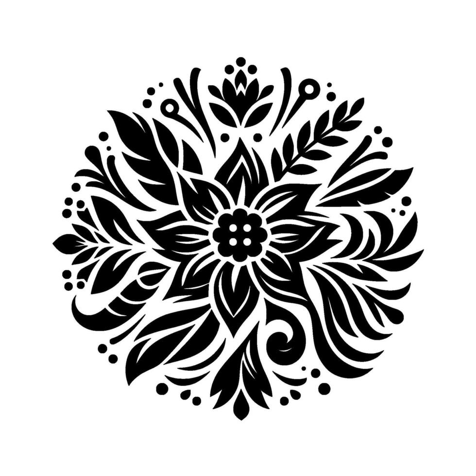 Intricate Black and White Floral Mandala Symmetrical with Leaves, Petals, Dots, and Spirals in a Circular Arrangement. vector