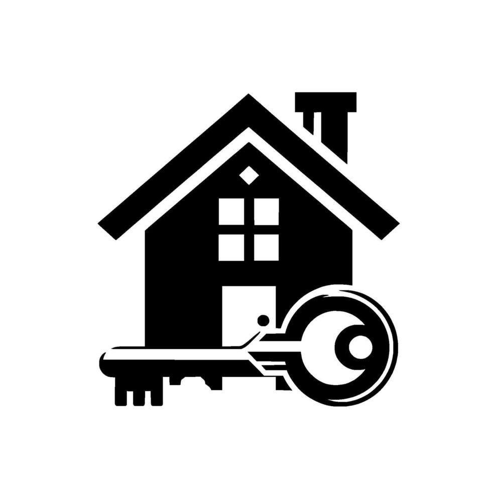 Black and White House with Chimney, Windows, Door, and Large Key Symbolizing Home Ownership, Real Estate, and Security. vector