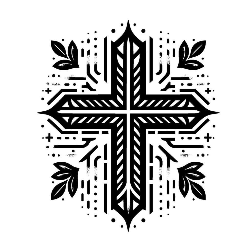 Ornate Black and White Christian Cross with Leafy Accents and Geometric Details, Isolated on White. vector