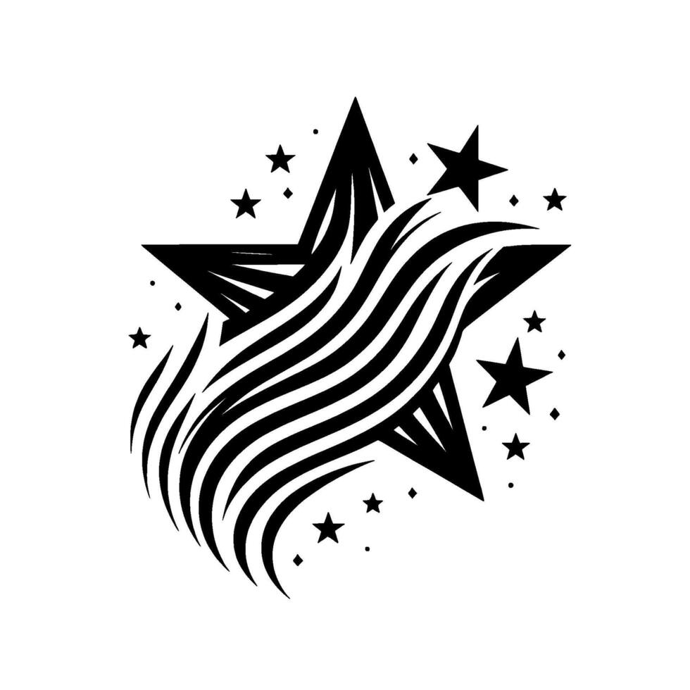 Black and White Illustration of a Central Star Emitting Wavy Streamers with Scattered Smaller Stars vector